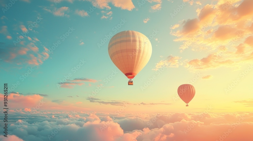 Fototapeta premium Hot Air Balloons Soaring Through the Sky against a whimsical sky, creating a delightful and fantasy-inspired scene