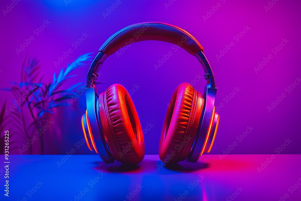 Futuristic orange headphones set against a vivid blue neon light blending technology and style in a dynamic composition Futuristic orange headphones set against a vivid blue neon light blending technology and style in a dynamic composition