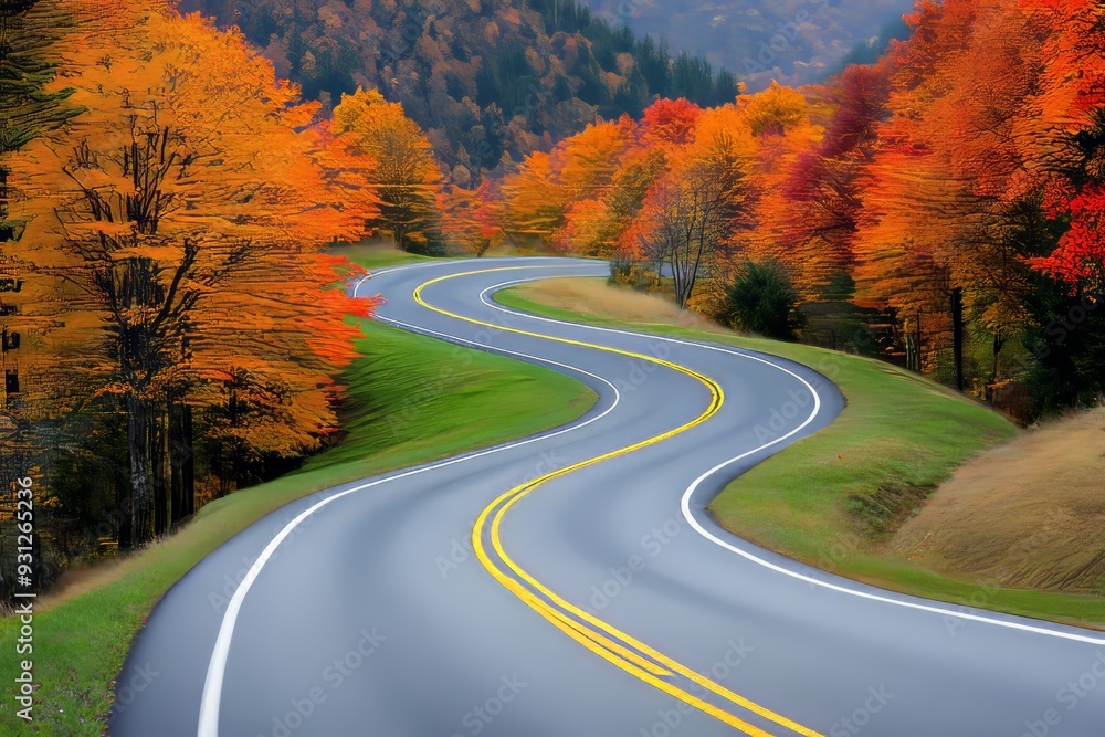 Naklejka premium autumn landscape with trees in vibrant colors and the asphalt road winding through it