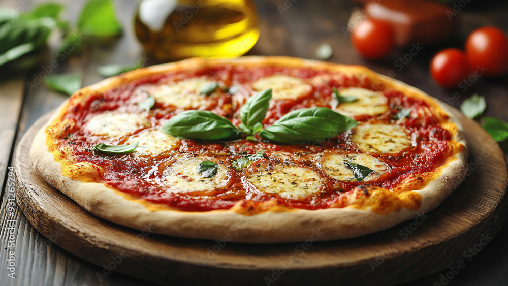 Classic Margherita: Pizza on Wooden Board with Basil Classic Margherita: Pizza on Wooden Board with Basil