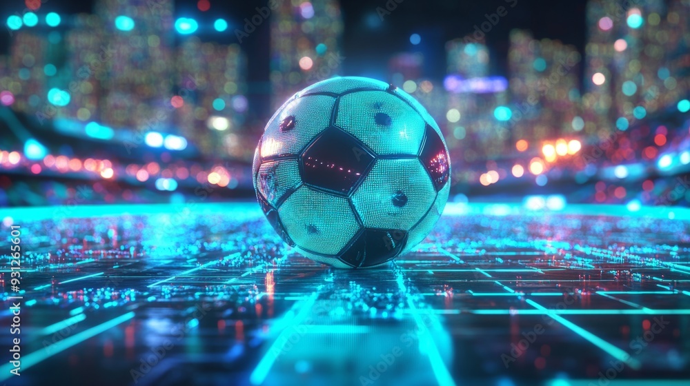 3D hologram of a soccer ball in a futuristic city along with blue 3D hologram of a soccer ball in a futuristic city along with blue