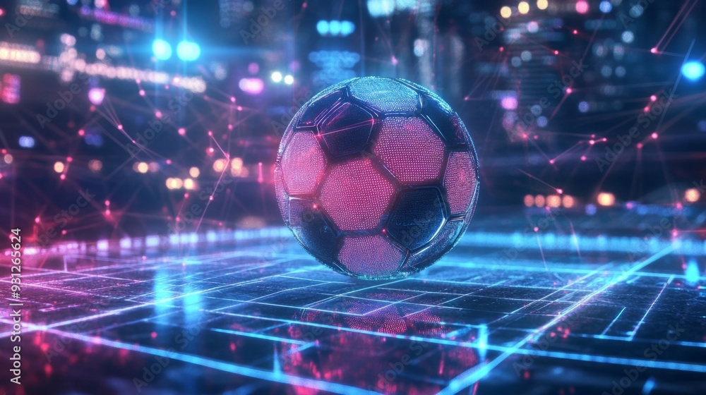 3D hologram of a soccer ball in a futuristic city along with blue 3D hologram of a soccer ball in a futuristic city along with blue