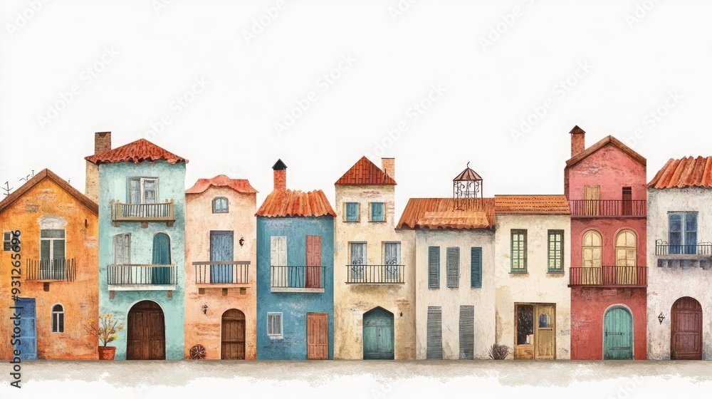 Fototapeta premium Watercolor illustration of a row of colorful houses with balconies and doors on a white background.