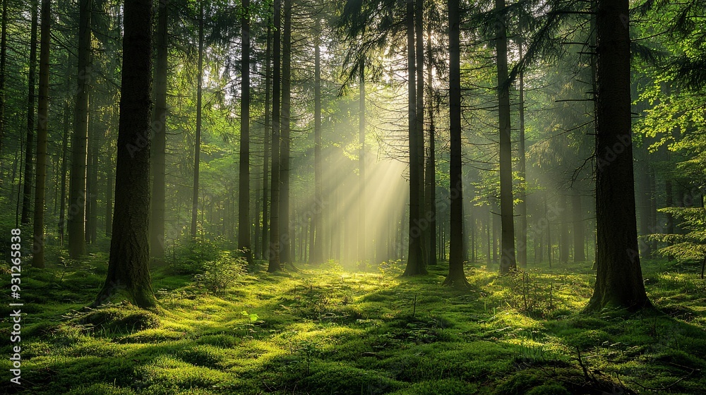 Obraz premium A tranquil forest with tall trees and soft sun rays illuminating the fresh spring growth on the forest floor