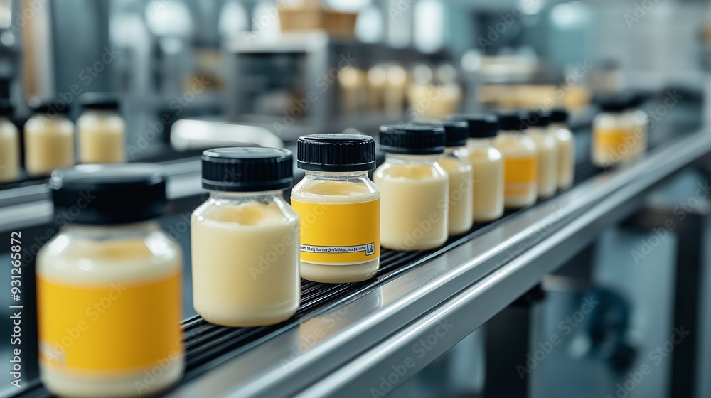 Dairy Production Line: Glass jars filled with a creamy product move along a conveyor belt in a modern food processing facility Dairy Production Line: Glass jars filled with a creamy product move along a conveyor belt in a modern food processing facility