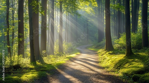 A peaceful forest path with sun rays streaming through the trees highlighting the vibrant spring foliage