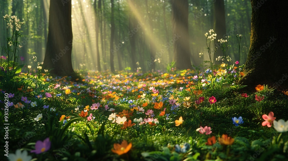 A forest floor covered in vibrant spring flowers with sunlight filtering through the leaves above creating a peaceful scene A forest floor covered in vibrant spring flowers with sunlight filtering through the leaves above creating a peaceful scene