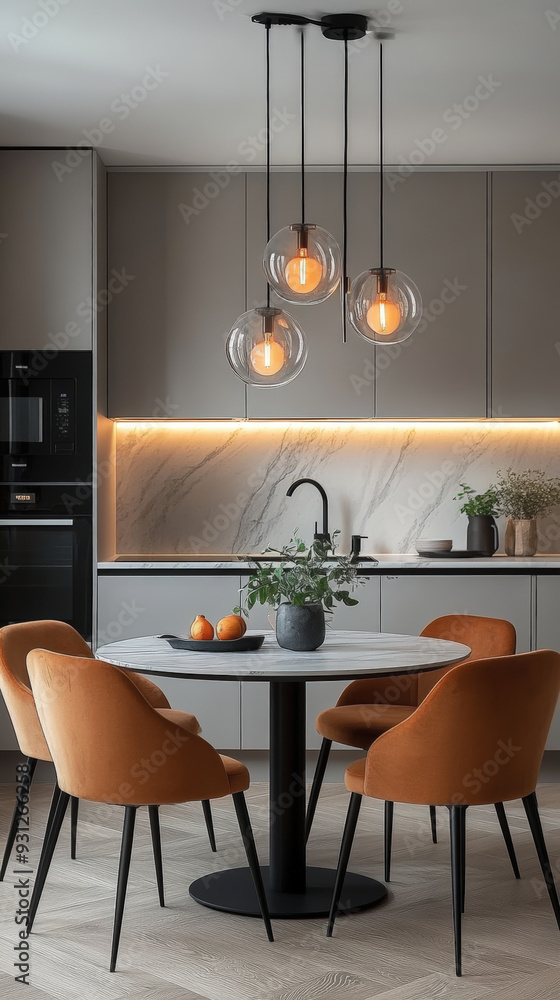 Modern minimalist kitchen dining area with sleek lighting, round table, and orange velvet chairs. Modern minimalist kitchen dining area with sleek lighting, round table, and orange velvet chairs.