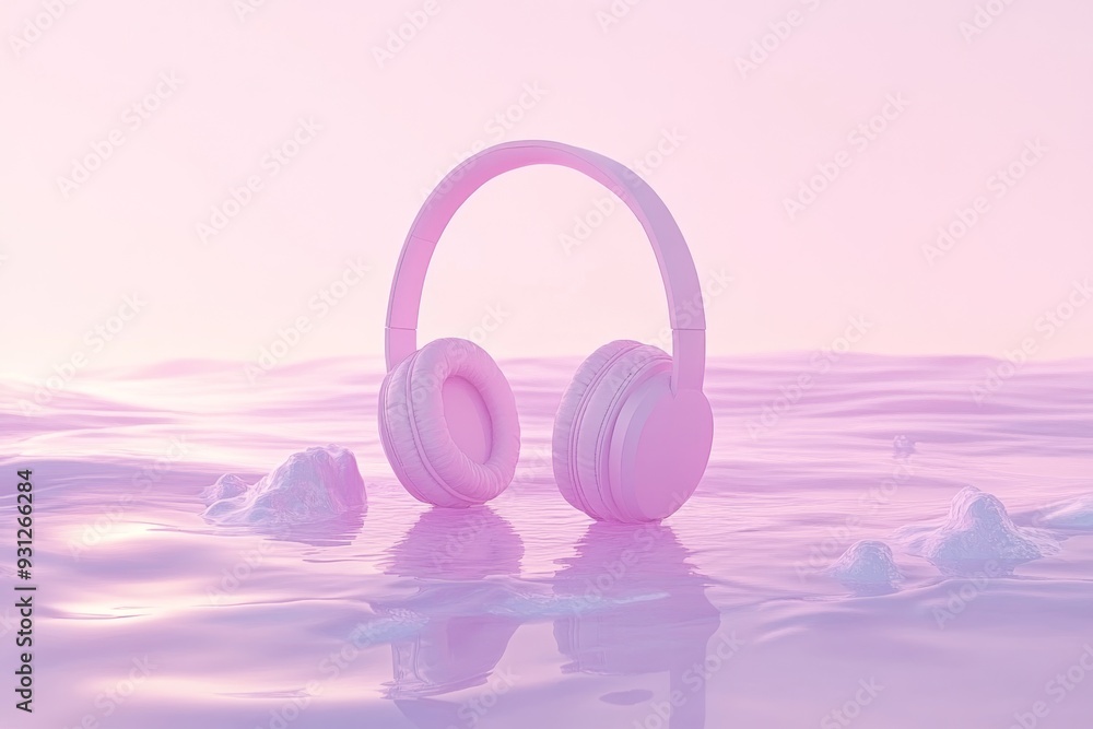 Minimalist headphones against a pastel pink sunset creating a serene and tranquil atmosphere for peaceful music enjoyment Minimalist headphones against a pastel pink sunset creating a serene and tranquil atmosphere for peaceful music enjoyment