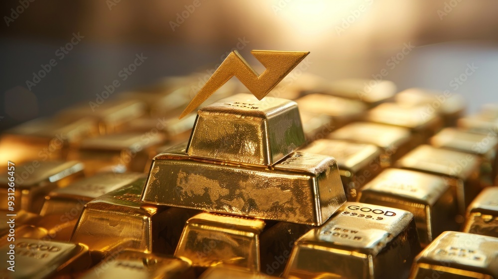 A stack of gold bars with a red upward arrow A stack of gold bars with a red upward arrow