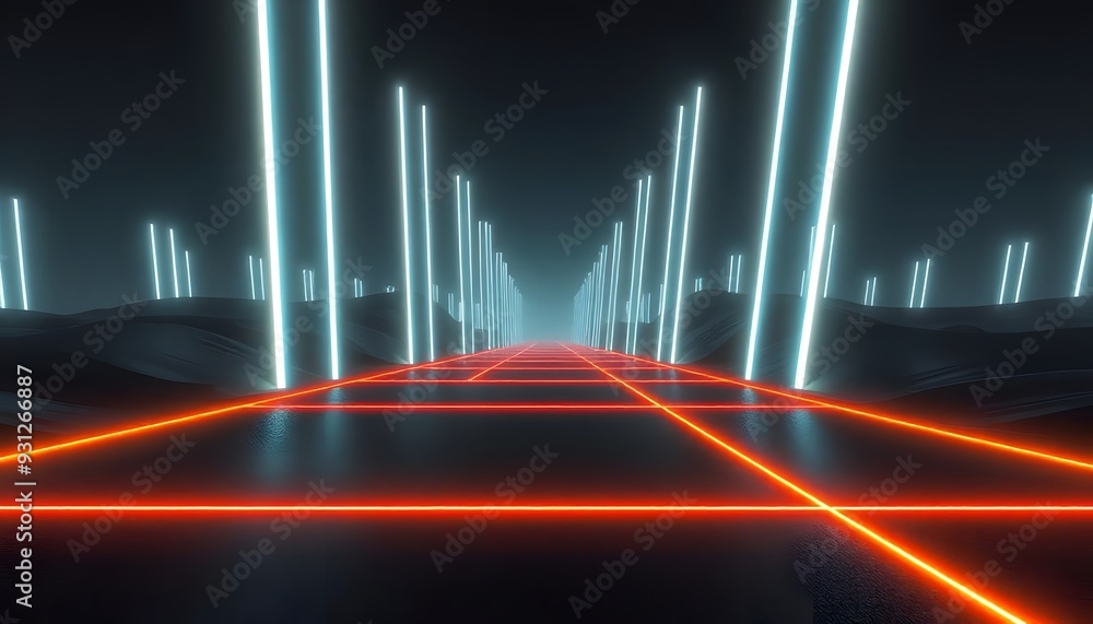 abstract background with light lines. A futuristic, abstract landscape with tall, glowing columns or structures in the background, creating a sense of depth and perspective. abstract background with light lines. A futuristic, abstract landscape with tall, glowing columns or structures in the background, creating a sense of depth and perspective.