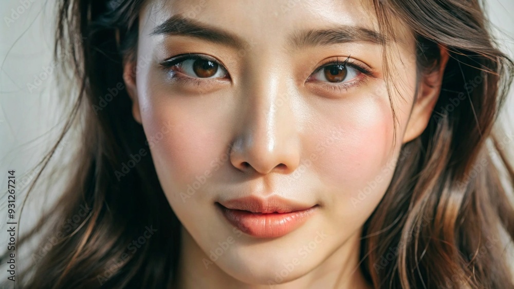 A close-up shot of an Asian Korean girl with natural beauty, her face softly lit, showcasing flawless skin and delicate features. She is slightly smiling, with her hair gently framing her face, A close-up shot of an Asian Korean girl with natural beauty, her face softly lit, showcasing flawless skin and delicate features. She is slightly smiling, with her hair gently framing her face,