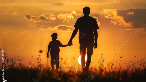 Father and son walking hand in hand into the sunset on a field. sending happy Father’s Day messages, images, or simply offering some gifts to dad