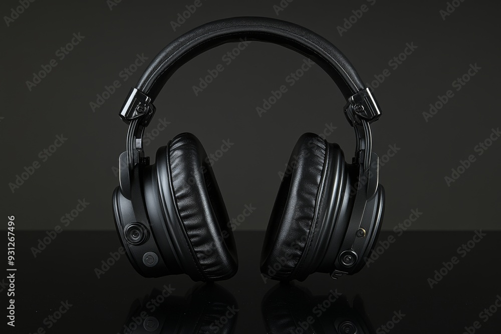 Modern black headphones on a dark textured backdrop highlighting the sleek design and advanced audio technology Modern black headphones on a dark textured backdrop highlighting the sleek design and advanced audio technology