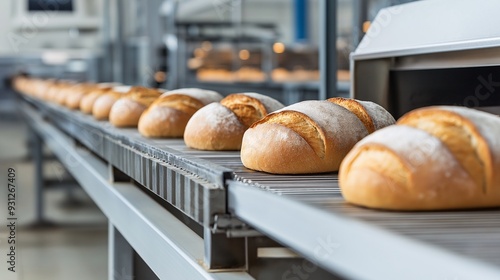 Fresh Bread Production Line: A close-up view of a bakery production line, showcasing freshly baked loaves of bread moving along a conveyor belt, highlighting the efficiency and craftsmanship involved 