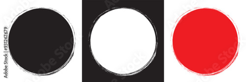 Grunge circles set. Grunge round shapes. Banner circle frames for text. Black white, and red paint stains. Vector illustration.  isolated on white and black  background. EPS 10