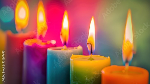 colorful lit candles with burning flames in a dark setting. soft bokeh light background