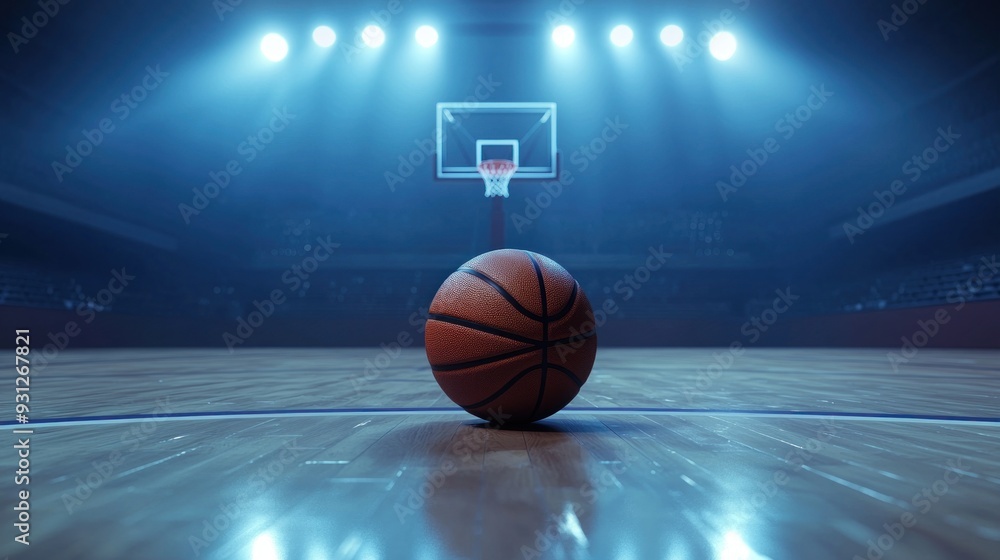 Obraz premium Basketball on Court with Dramatic Lighting Effects