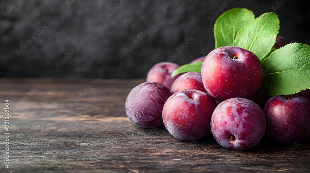 Fresh plums with green leaves on a wooden surface. Fresh plums with green leaves on a wooden surface.