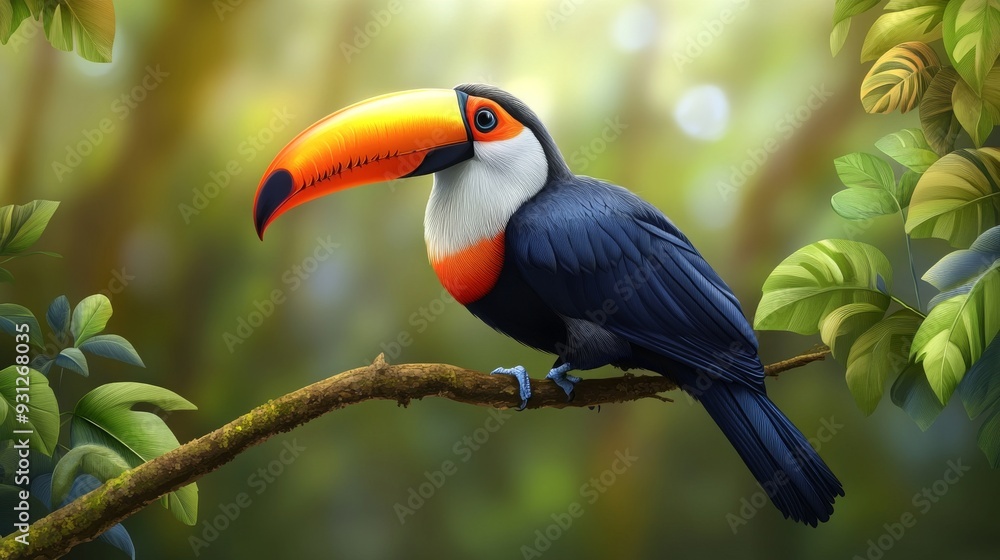 Fototapeta premium A toucan with a bright orange and yellow beak sits on a branch in a lush green forest.