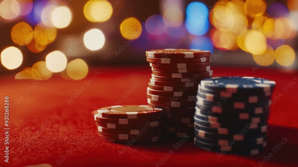 Casino Chips on Table with Colorful Background Casino Chips on Table with Colorful Background