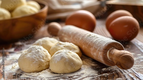 Baking dough on a kitchen table with a wooden rolling pin