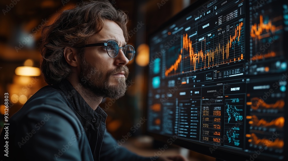 Focused Male Financial Analyst Examining Real-Time Stock Market Data on Computer Screens in a Modern Office, Illustrating Advanced Financial Technology and Data-Driven Decision Making Focused Male Financial Analyst Examining Real-Time Stock Market Data on Computer Screens in a Modern Office, Illustrating Advanced Financial Technology and Data-Driven Decision Making