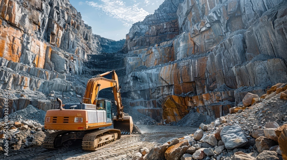 A powerful excavator operates in a rugged quarry, showcasing heavy machinery and dramatic rock formations under a clear sky. A powerful excavator operates in a rugged quarry, showcasing heavy machinery and dramatic rock formations under a clear sky.
