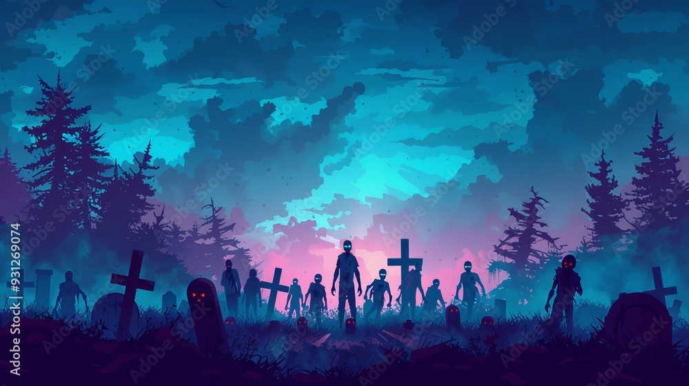 Cartoon zombies walking through a misty cemetery at dusk cartoon Vector Illustration Cartoon zombies walking through a misty cemetery at dusk cartoon Vector Illustration