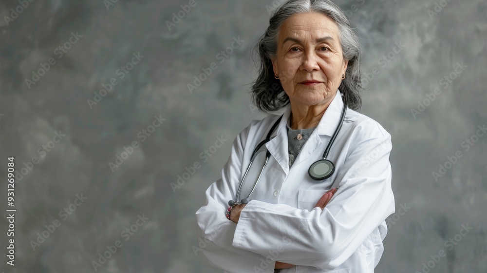 Portrait of a 70 year old female doctor exuding professionalism in a simple background Portrait of a 70 year old female doctor exuding professionalism in a simple background