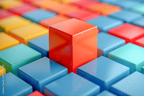 Red cube standing out from the crowd of colorful cubes photo