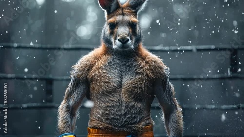 A kangaroo boxer trains intensely in a snowy ring photo