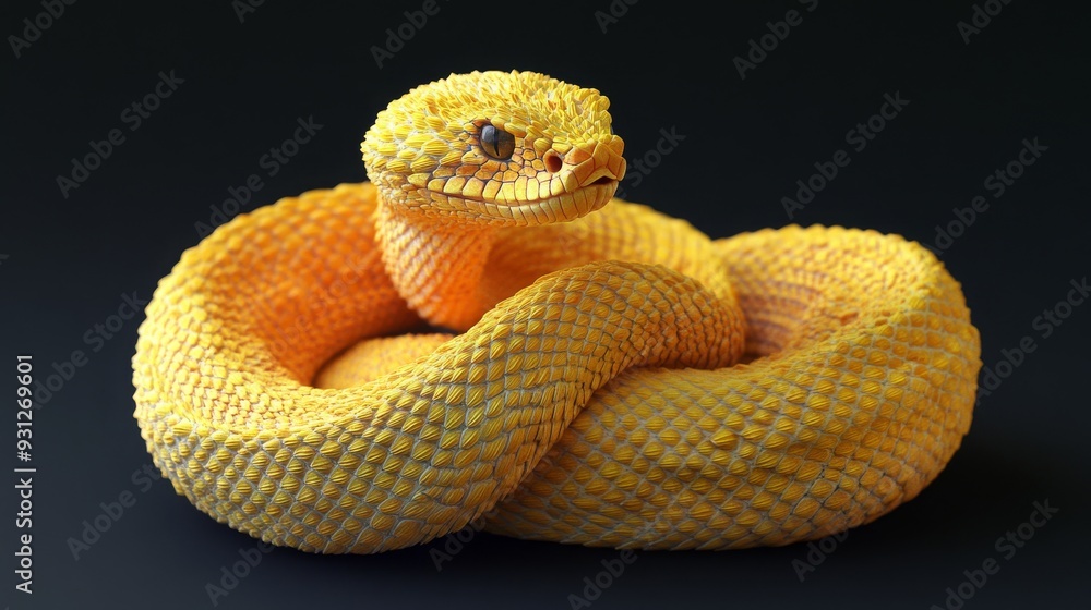 A yellow snake with intricate scales curls on a black background. A yellow snake with intricate scales curls on a black background.