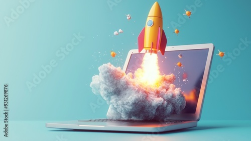 Rocket Launch from Laptop Screen in Vibrant Colors