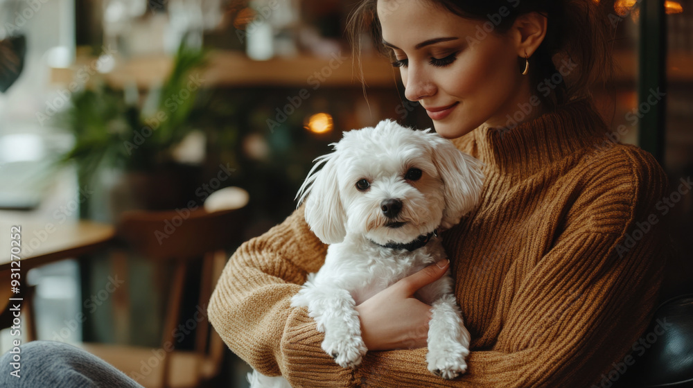Elegant woman holding her small white dog in a stylish coffee shop, both looking content Elegant woman holding her small white dog in a stylish coffee shop, both looking content