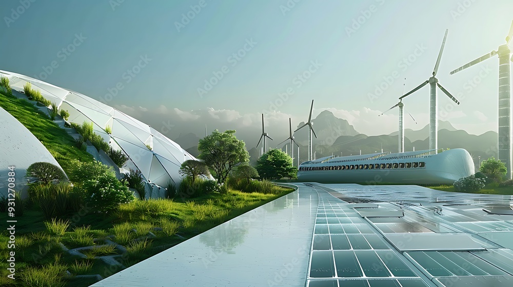 Futuristic cityscape with sustainable architecture, renewable energy ...