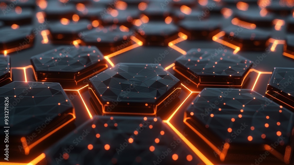 Obraz premium Close-up of a futuristic hexagonal pattern with glowing orange lights, ideal for technology and abstract backgrounds.