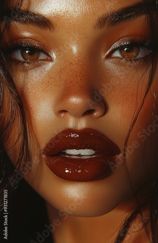 A close-up of lips, a frontal portrait of a woman, dark skin and glossy brown...