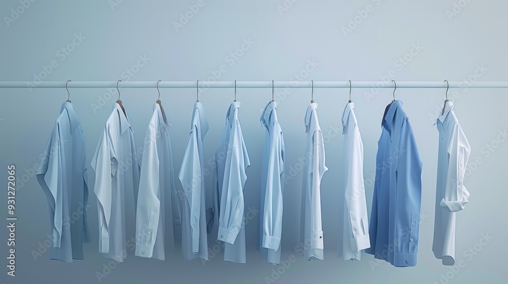 blue and white shirts hanging on a clothing rack against. showcasing blue shirts and business attire in front view. Men's fashion set with accessories for design print. blue and white shirts hanging on a clothing rack against. showcasing blue shirts and business attire in front view. Men's fashion set with accessories for design print.