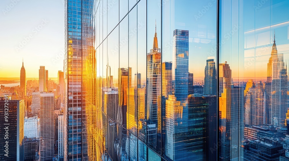 A stunning sunset view of a city skyline reflecting on glass buildings. A stunning sunset view of a city skyline reflecting on glass buildings.