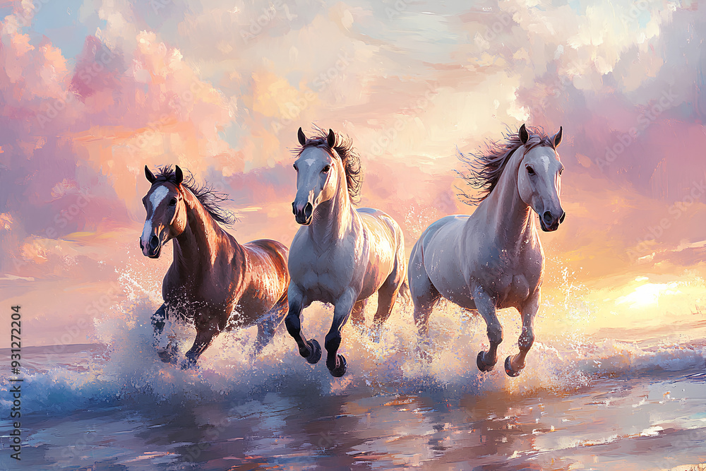 three horses running on water amidst beautiful sky and pink clouds three horses running on water amidst beautiful sky and pink clouds