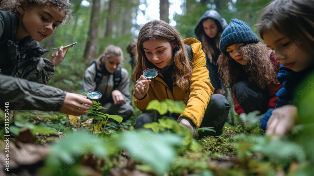 Exploring the forest ecosystem, students with magnifying glasses studying wild plants under Exploring the forest ecosystem, students with magnifying glasses studying wild plants under