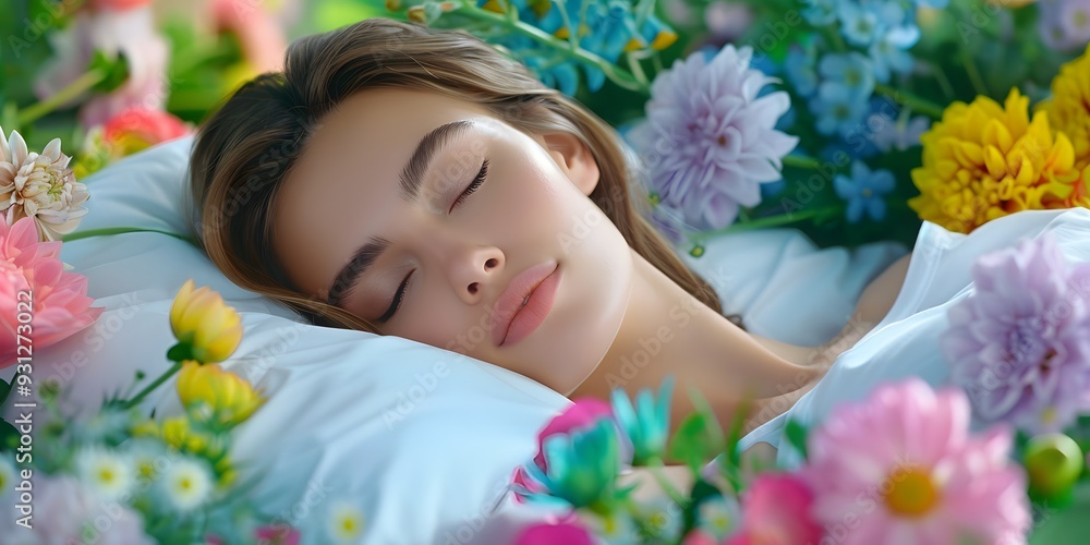 A beautiful death scene with a serene woman lying peacefully in a bed of vibrant flowers A beautiful death scene with a serene woman lying peacefully in a bed of vibrant flowers