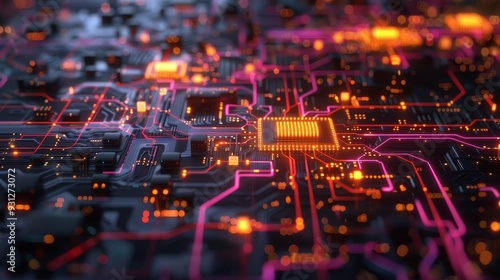 A close-up view of a high-tech circuit board with glowing lines and intricate patterns, showcasing modern technology and design.