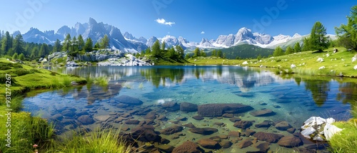 serene alpine landscape with a clear blue lake in Magazine Photography style photo