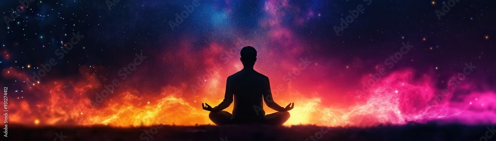 A serene figure meditating in a colorful cosmic landscape, representing peace, introspection, and connection to the universe. A serene figure meditating in a colorful cosmic landscape, representing peace, introspection, and connection to the universe.