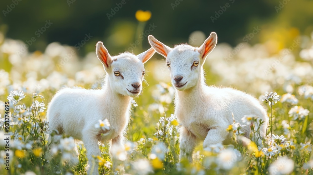 Two adorable white baby goats stand in a field of white daisies. Two adorable white baby goats stand in a field of white daisies.