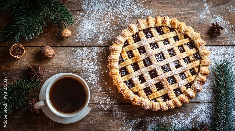 An artistic shot of a mince pie with a lattice crust placed on a wooden table with a cup of coffee An artistic shot of a mince pie with a lattice crust placed on a wooden table with a cup of coffee