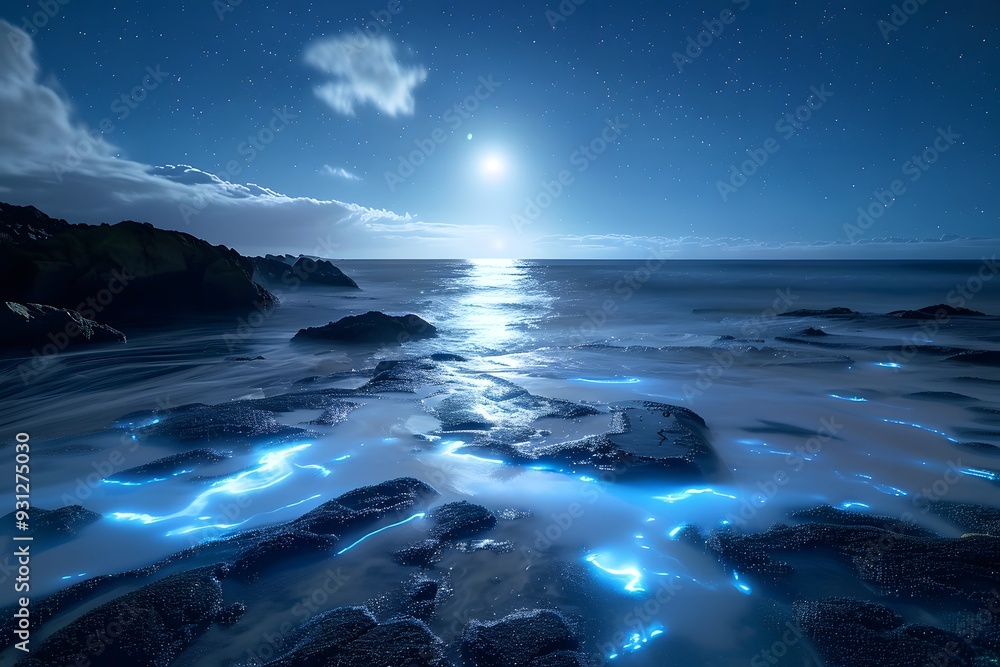 Bioluminescent dinoflagellates creating a stunning light show in a moonlit coastal tide pool Bioluminescent dinoflagellates creating a stunning light show in a moonlit coastal tide pool