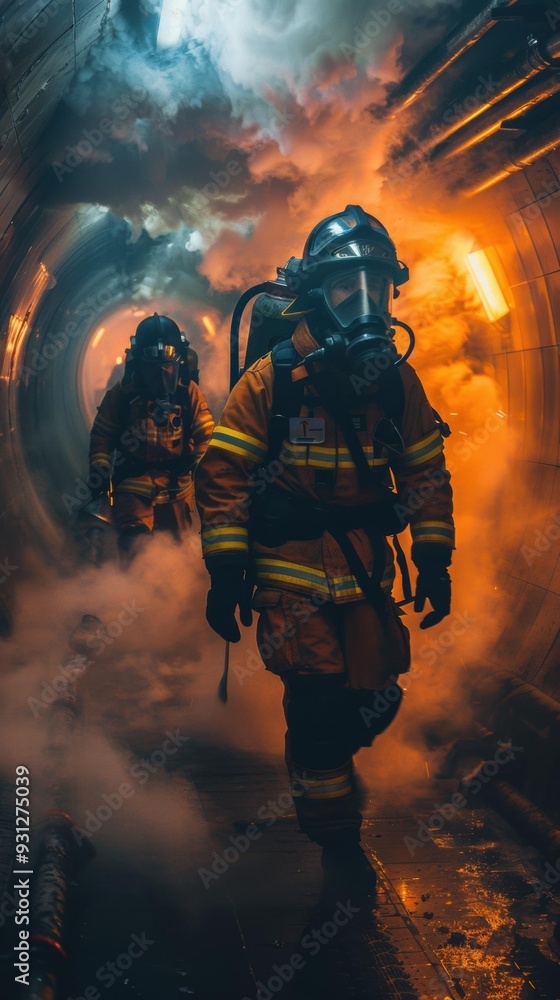 Fototapeta premium Firefighters in a smoky tunnel. AI.